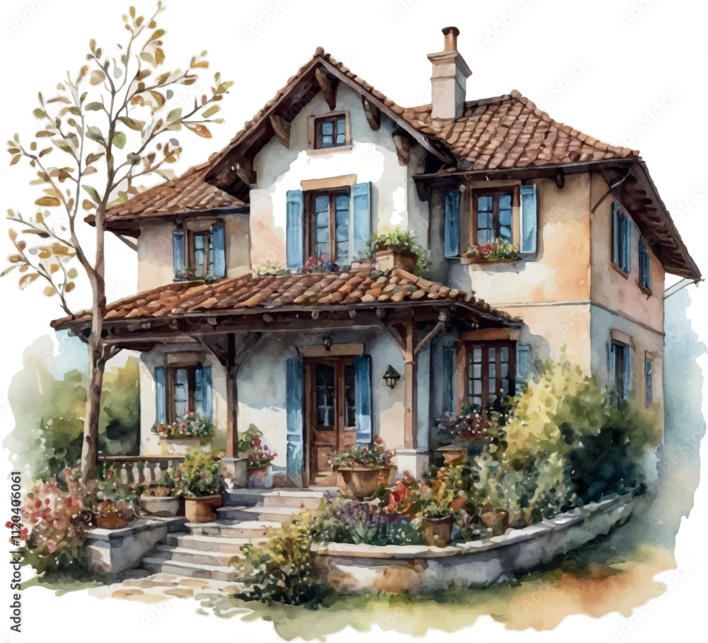 Watercolor Provance House with Flowers. Watercolor Provance House with Flowers.