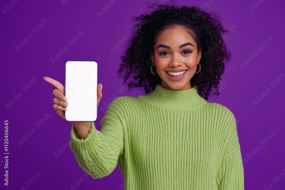 Photo of curly american young funky girl in green sweater pointing finger smartphone touchscreen isolated on purple color background
Photo of curly american young funky girl in green sweater pointing finger smartphone touchscreen isolated on purple color background