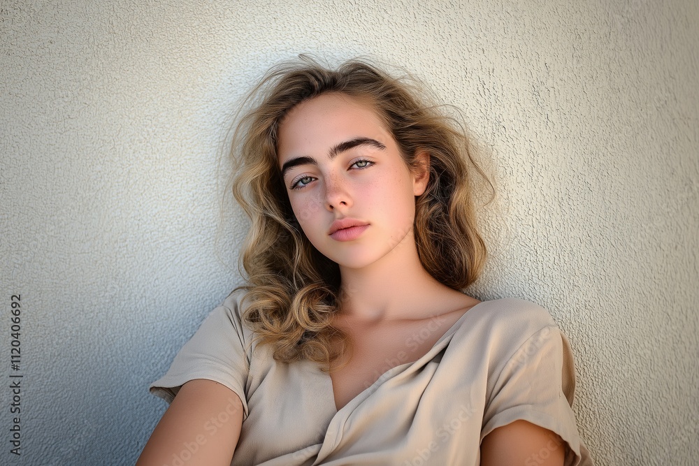 Naklejka premium Young woman exudes casual elegance leaning against textured white wall