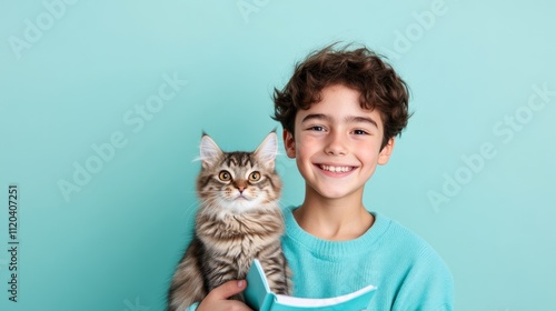 A cheerful boy holding a cat against a teal background.