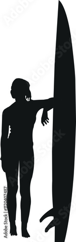 Silhouette of a girl leaning casually against a tall surfboard, showcasing a relaxed and confident pose. Perfect for surf-themed graphics, beach designs, and lifestyle illustrations VECTOR