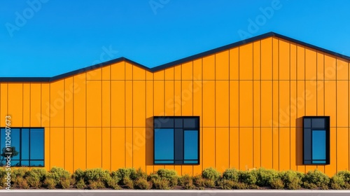 Modern building facade with Mocha Mousse cladding and black-framed windows showcasing contemporary architecture under a clear blue sky