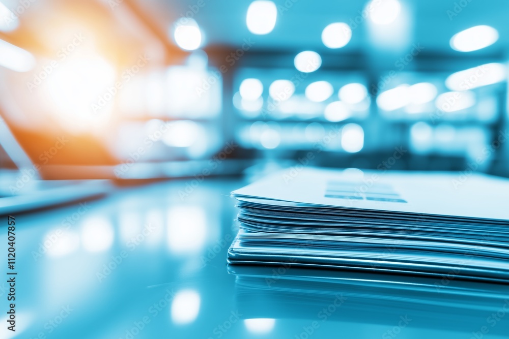 Stacked documents on a desk in a modern office during bright afternoon light Stacked documents on a desk in a modern office during bright afternoon light
