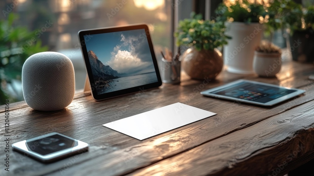 Blank business card on desk with digital assistant tablet and laptop showing cloud storage. Generative AI Blank business card on desk with digital assistant tablet and laptop showing cloud storage. Generative AI