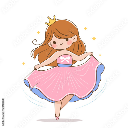 Cute dancing princess with crown. Flat vector illustration isolated on white background