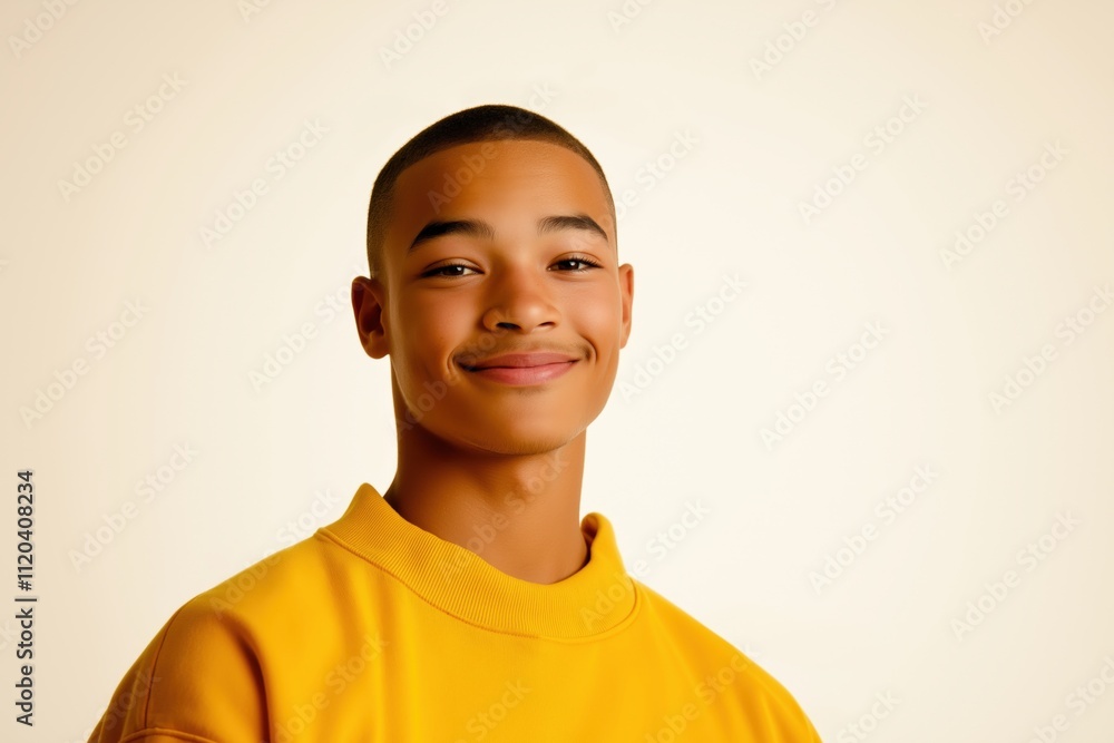 Man with buzz cut hairstyle smiles confidently in hair studio during micropigmentation photoshoot Man with buzz cut hairstyle smiles confidently in hair studio during micropigmentation photoshoot