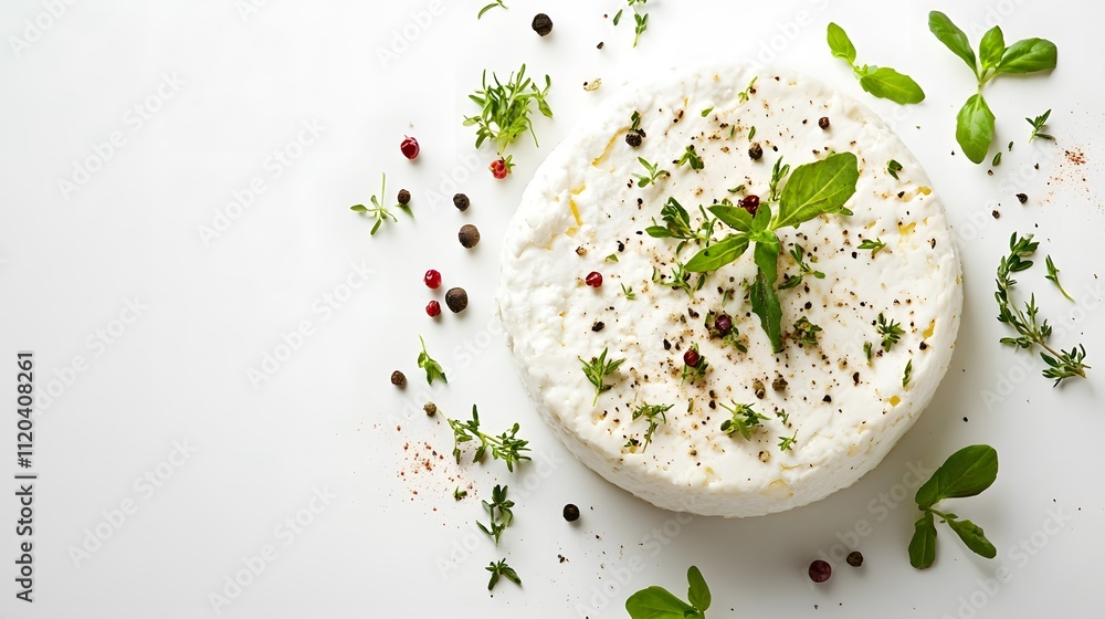 Creamy Cheese Round Garnished With Herbs And Peppercorns Creamy Cheese Round Garnished With Herbs And Peppercorns