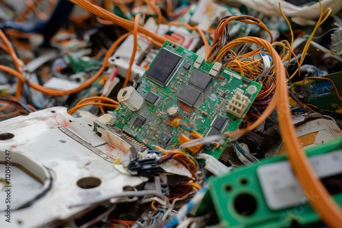 Close up of discarded circuit boards and wires at an e-waste recycling facility photo