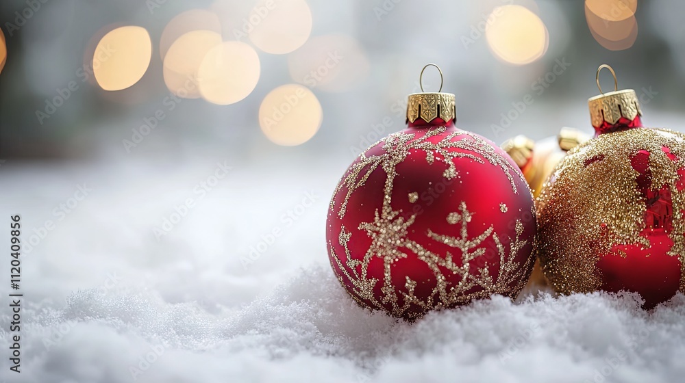 Red and Gold Christmas Ornaments in Snow Red and Gold Christmas Ornaments in Snow
