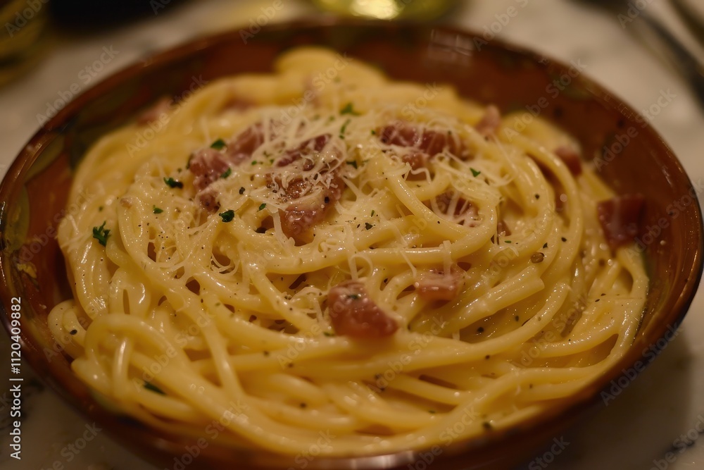 Delicious pasta carbonara served in a rustic bowl with grated cheese and black pepper at an Italian restaurant during dinner time Delicious pasta carbonara served in a rustic bowl with grated cheese and black pepper at an Italian restaurant during dinner time