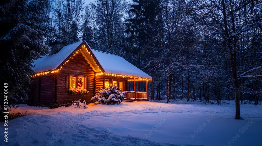 Cozy Winter Cabin in a Snowy Forest with Christmas Lights Cozy Winter Cabin in a Snowy Forest with Christmas Lights