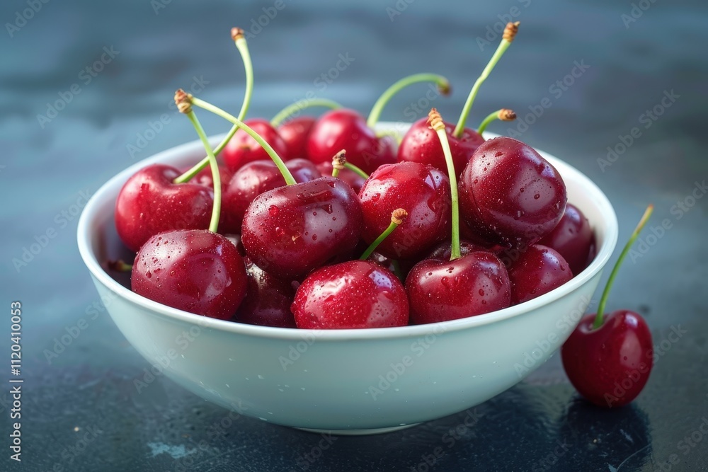 Freshly harvested cherries in a simple white bowl placed on a rustic wooden table with a warm background setting Freshly harvested cherries in a simple white bowl placed on a rustic wooden table with a warm background setting