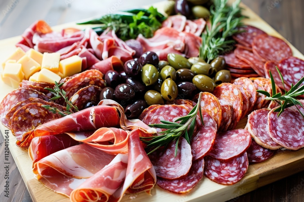 Delicious spread of cured meats, olives, and cheese on a rustic wooden board at a casual gathering Delicious spread of cured meats, olives, and cheese on a rustic wooden board at a casual gathering