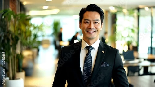 A man in a suit and tie is smiling for the camera. Concept of professionalism and confidence