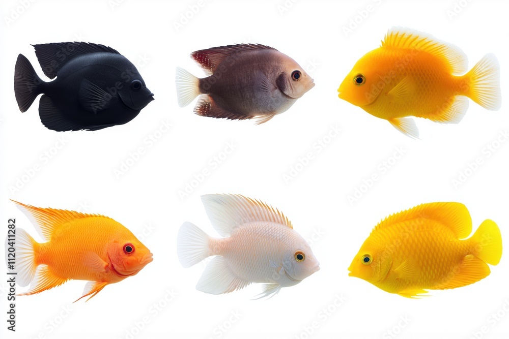 Fototapeta premium A row of fish with different colors and sizes. The yellow fish is the largest. The black fish is the smallest