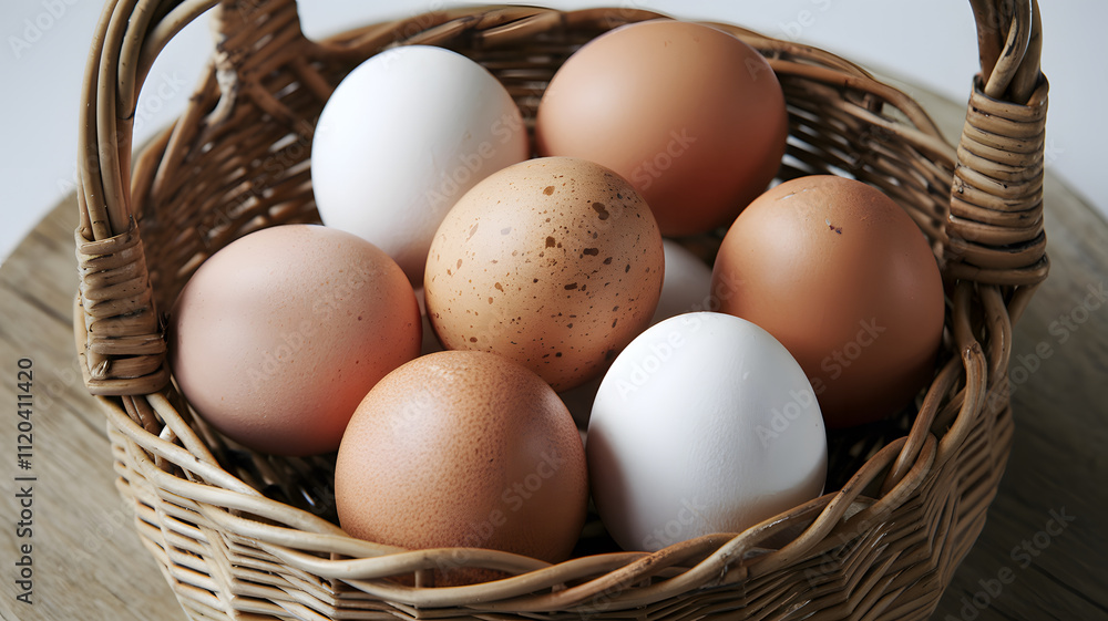 A wicker basket filled with a mix of brown and white eggs on a wooden surface. A wicker basket filled with a mix of brown and white eggs on a wooden surface.