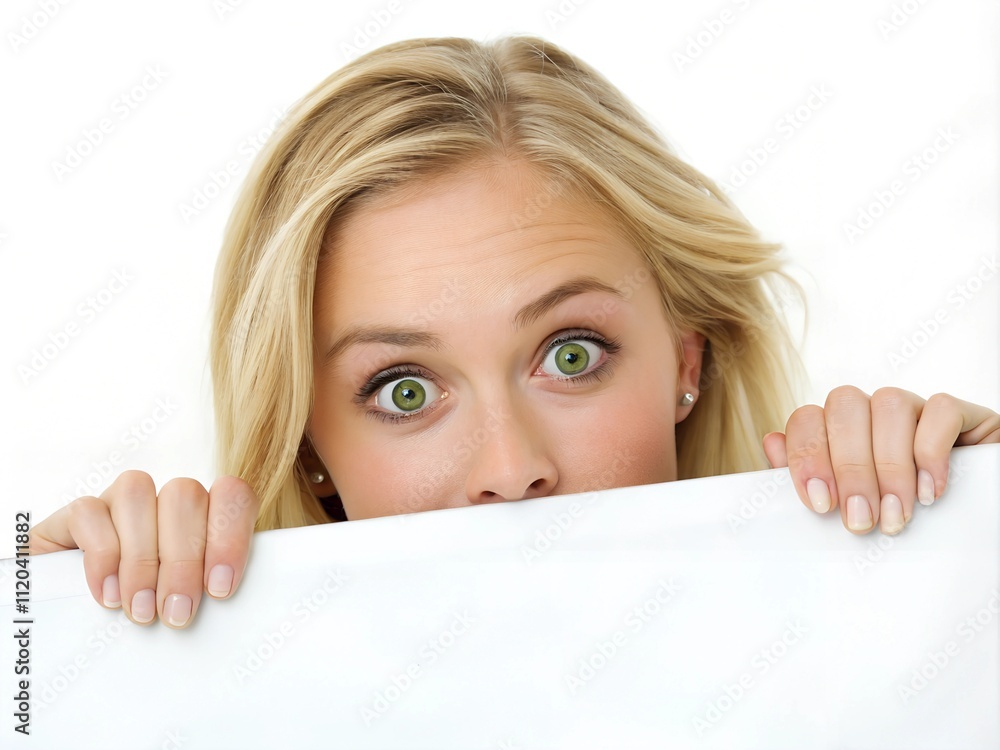 A blonde woman with vibrant green eyes peeks over a white surface, her expression showing curiosity and surprise. A blonde woman with vibrant green eyes peeks over a white surface, her expression showing curiosity and surprise.