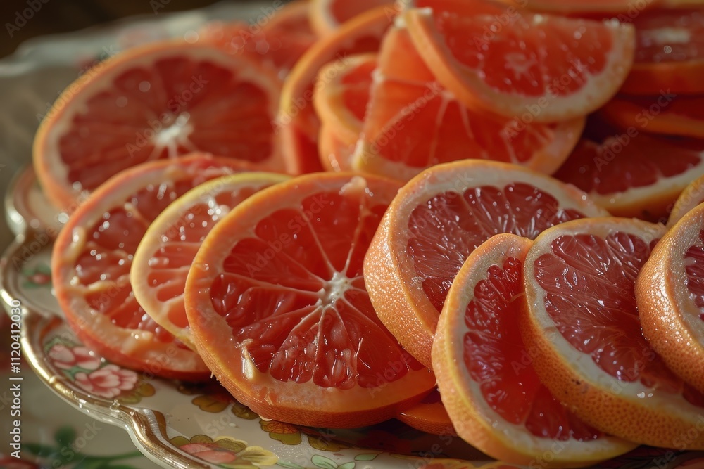 Freshly sliced citrus fruits arranged beautifully on a silver platter ready to be served during a casual gathering in a warm afternoon setting Freshly sliced citrus fruits arranged beautifully on a silver platter ready to be served during a casual gathering in a warm afternoon setting