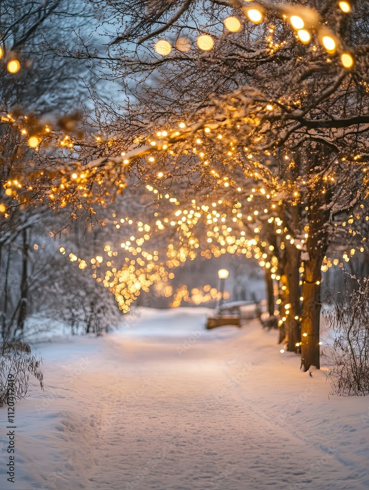 Snowy Path Illuminated by Christmas Lights Snowy Path Illuminated by Christmas Lights