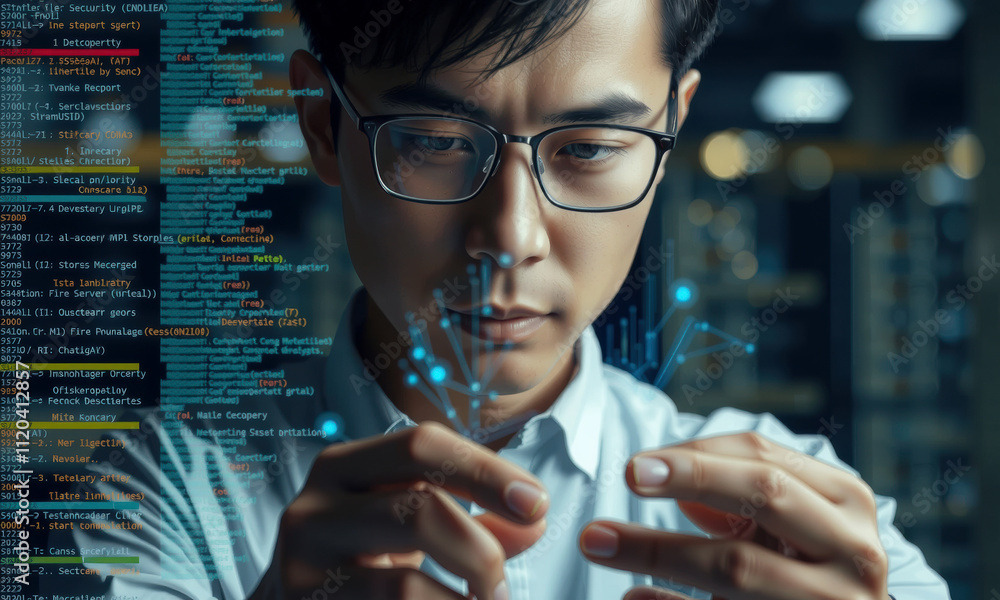 focused man analyzing digital data with holographic elements, showcasing cyber security concepts and technology. His expression reflects concentration and curiosity focused man analyzing digital data with holographic elements, showcasing cyber security concepts and technology. His expression reflects concentration and curiosity