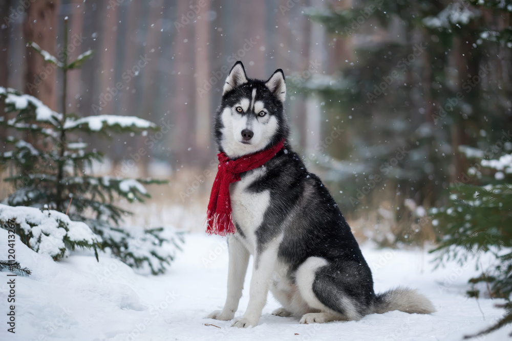 Majestic siberian husky in a festive christmas scene snowy forest animal photography winter wonderland serene viewpoint holiday spirit