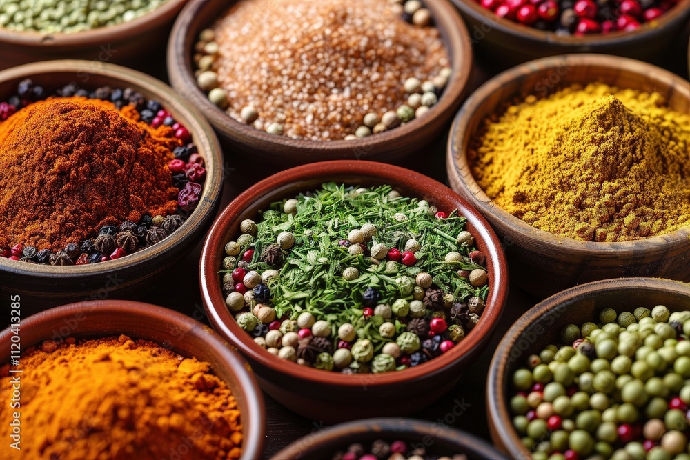 Vibrant assortment of spices displayed in wooden bowls at a market, showcasing a variety of colors and textures during daylight hours Vibrant assortment of spices displayed in wooden bowls at a market, showcasing a variety of colors and textures during daylight hours