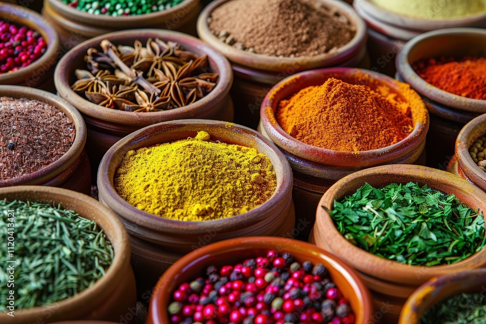Vibrant assortment of spices displayed in wooden bowls at a market, showcasing a variety of colors and textures during daylight hours Vibrant assortment of spices displayed in wooden bowls at a market, showcasing a variety of colors and textures during daylight hours