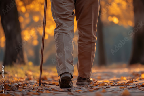 Elderly person with cane walk in a park