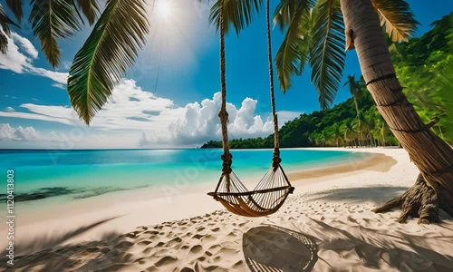 Wicker swings on ropes hang on palm trees. Swing on the sea beach of Blue Loguna. Birch water in the sea, palm trees, an idyll for relaxation. photo