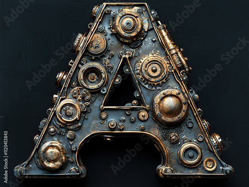 steampunk font, letters, alphabet, vintage, mechanical, gears, cogwheels, brass, metal, industrial, Victorian, retro, futuristic, ornate, typography, rusty, clockwork, pipes, rivets, engraved, distres