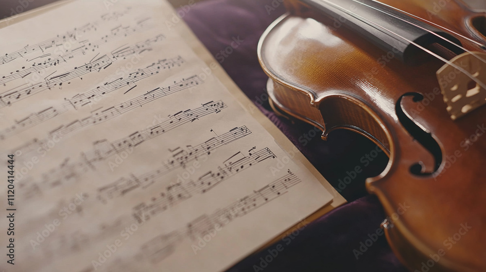 Naklejka premium Classical music sheet notes elegantly displayed on a wooden stand, embodying the timeless beauty and intricate artistry of orchestral compositions.