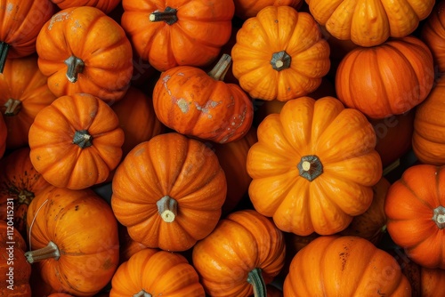 Vibrant orange pumpkins stacked together for autumn harvest decoration and festive celebrations in a local market