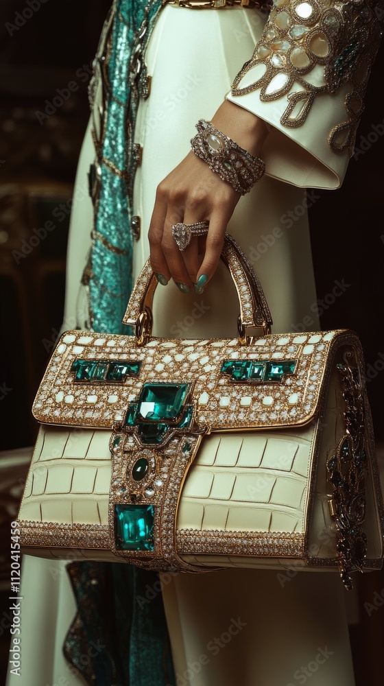 Naklejka premium Elegant woman holding a luxurious handbag with intricate details