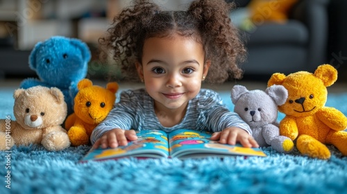 A cheerful child with curly hair smiles as she reads a book on a plush rug, surrounded by vibrant teddy bears during a cozy indoor moment. photo