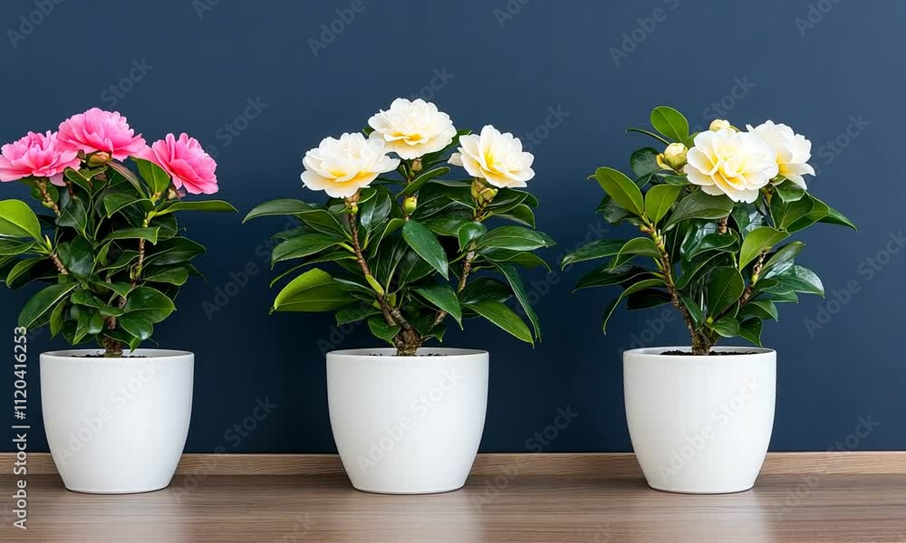 custom made wallpaper toronto digitalThree colorful flowering plants in white pots are displayed on a wooden surface, creating a vibrant indoor atmosphere