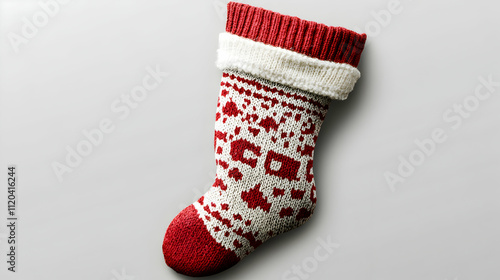 Christmas stocking, knitted, Fair Isle pattern, red and white, reindeer motif, snowflake design, cozy, festive, traditional, Scandinavian style, winter holiday, soft texture, wool yarn, hanging decora photo