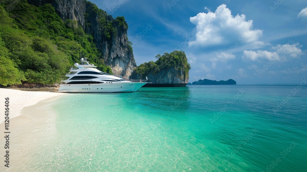 Obraz premium luxurious yacht anchored in a secluded bay, with pristine white sand beaches