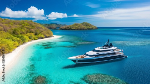 luxurious yacht anchored in a secluded bay, with pristine white sand beaches photo