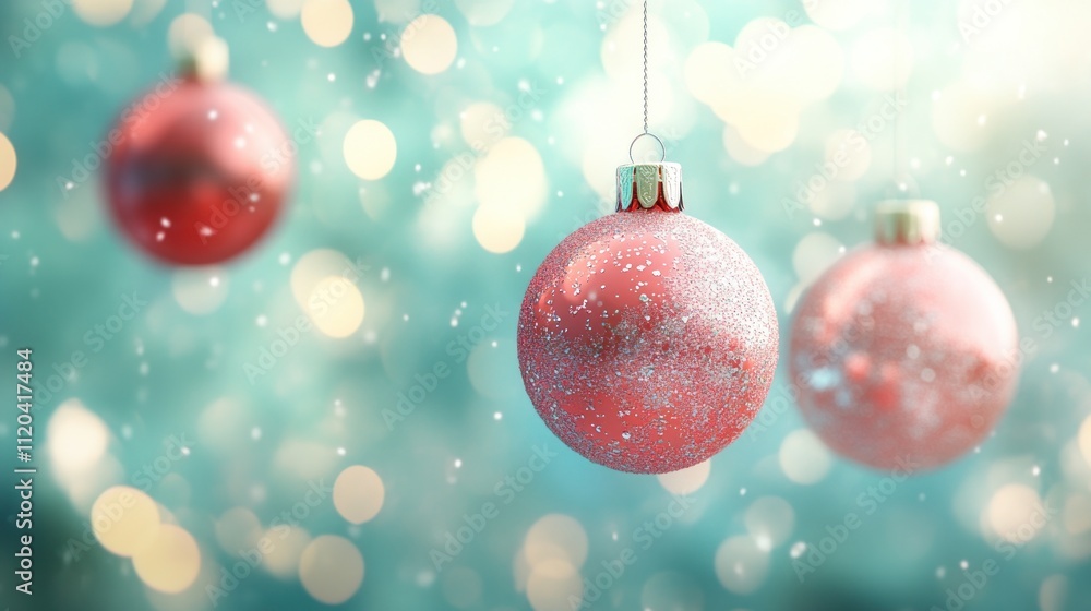 Fototapeta premium Three red Christmas baubles hanging in front of a blue background with bokeh lights and falling snow.