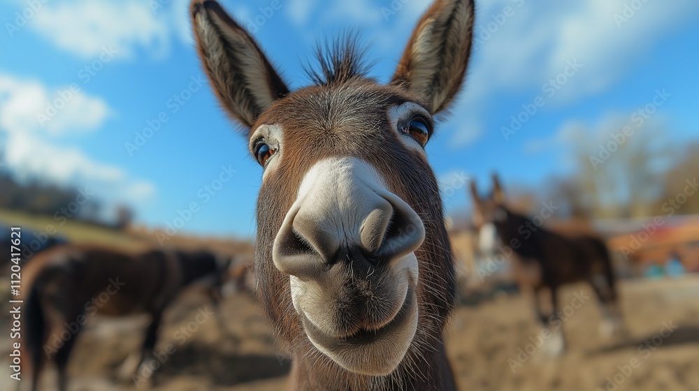 Obraz premium The donkey looks into the camera lens, close-up of the funny muzzle