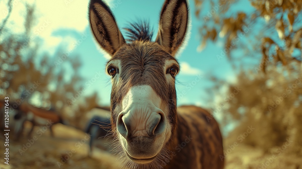 The donkey looks into the camera lens, close-up of the funny muzzle The donkey looks into the camera lens, close-up of the funny muzzle