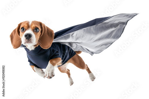 A beagle dog wearing a superhero cape, flying with a determined expression cut out transparent isolated PNG photo