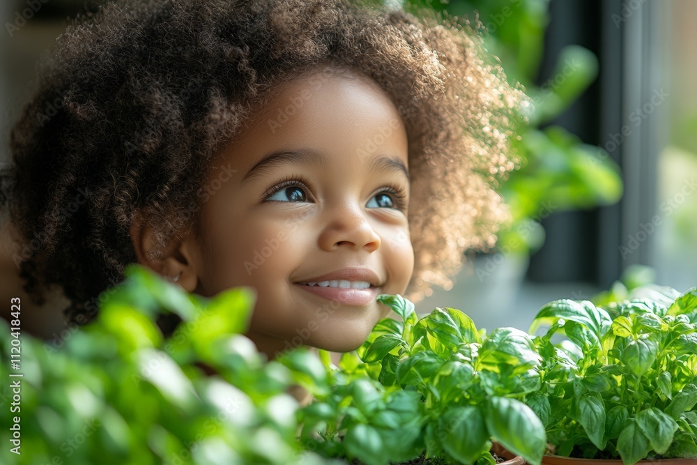 A happy child with curly hair smiling brightly, surrounded by lush green plants in a cozy indoor setting. A happy child with curly hair smiling brightly, surrounded by lush green plants in a cozy indoor setting.