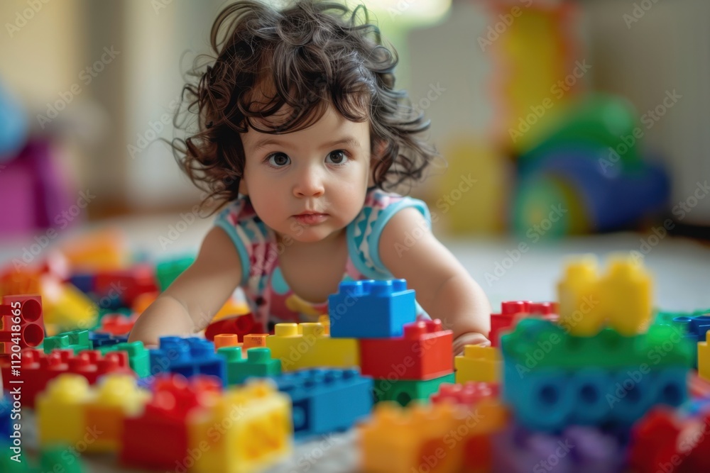 Young child engaged in colorful building block activity on a soft play mat indoors during daytime Young child engaged in colorful building block activity on a soft play mat indoors during daytime