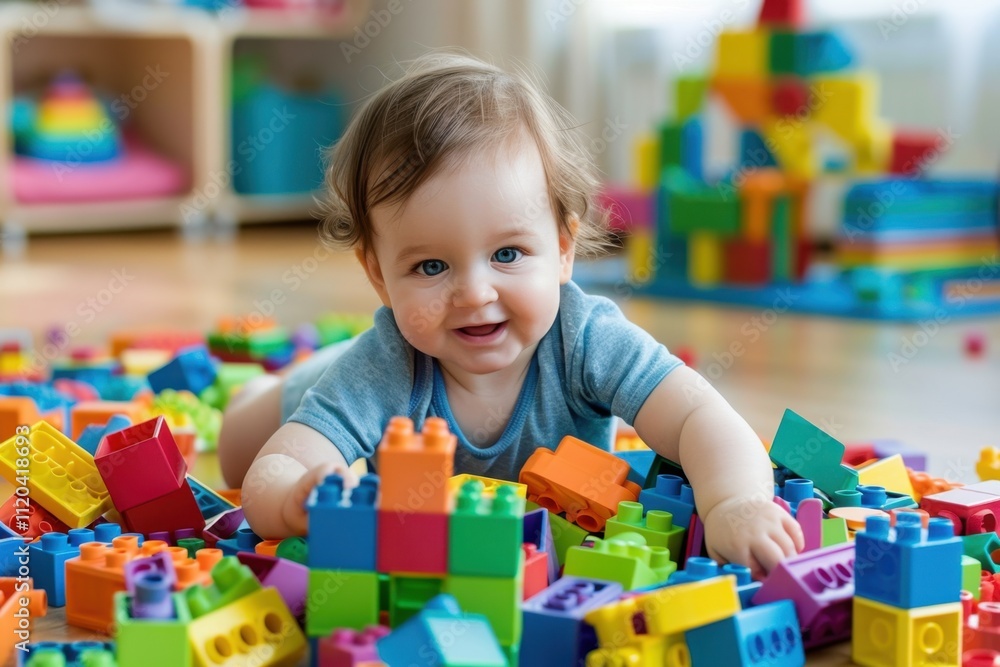 Young child engaged in colorful building block activity on a soft play mat indoors during daytime Young child engaged in colorful building block activity on a soft play mat indoors during daytime