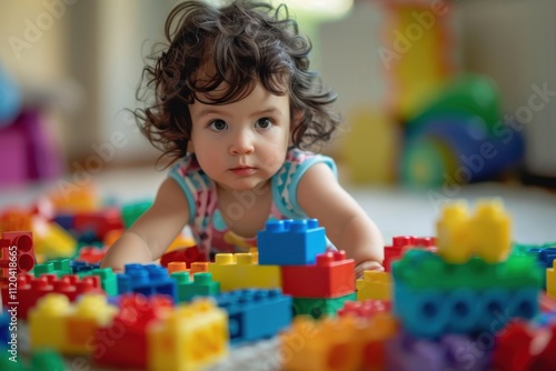 Young child engaged in colorful building block activity on a soft play mat indoors during daytime