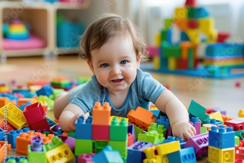 Young child engaged in colorful building block activity on a soft play mat indoors during daytime