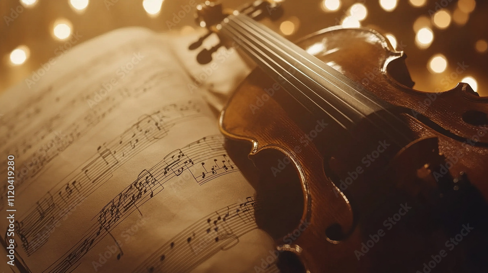 Fototapeta premium Classical music sheet notes elegantly displayed on a wooden stand, embodying the timeless beauty and intricate artistry of orchestral compositions.