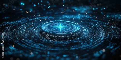 Digital compass visualizing navigation and direction in a futuristic environment