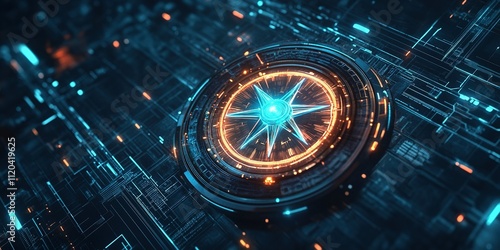 Wallpaper Mural Futuristic glowing compass in a digital landscape with neon blue and orange lines Torontodigital.ca